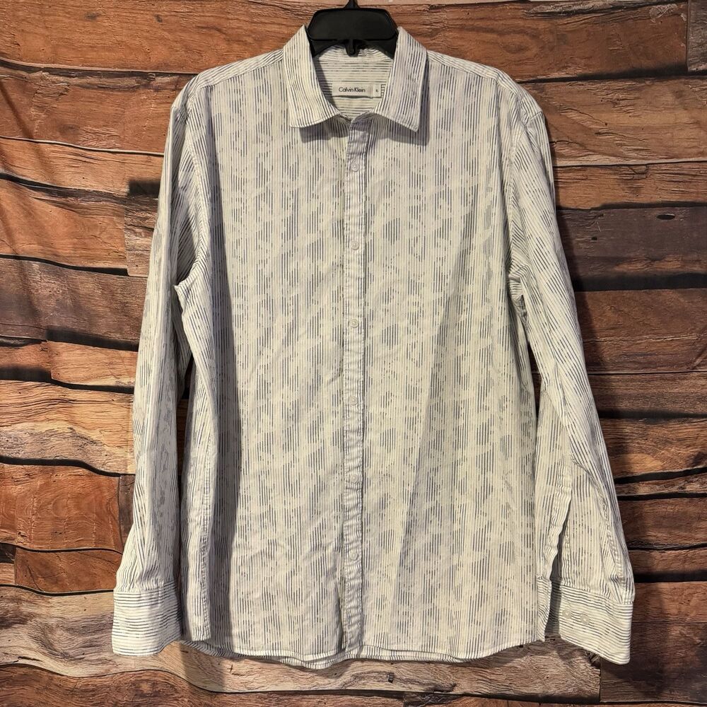 Calvin Klein Shirt Mens XL White Blue Abstract Dotted Stripe Long Sleeve Button